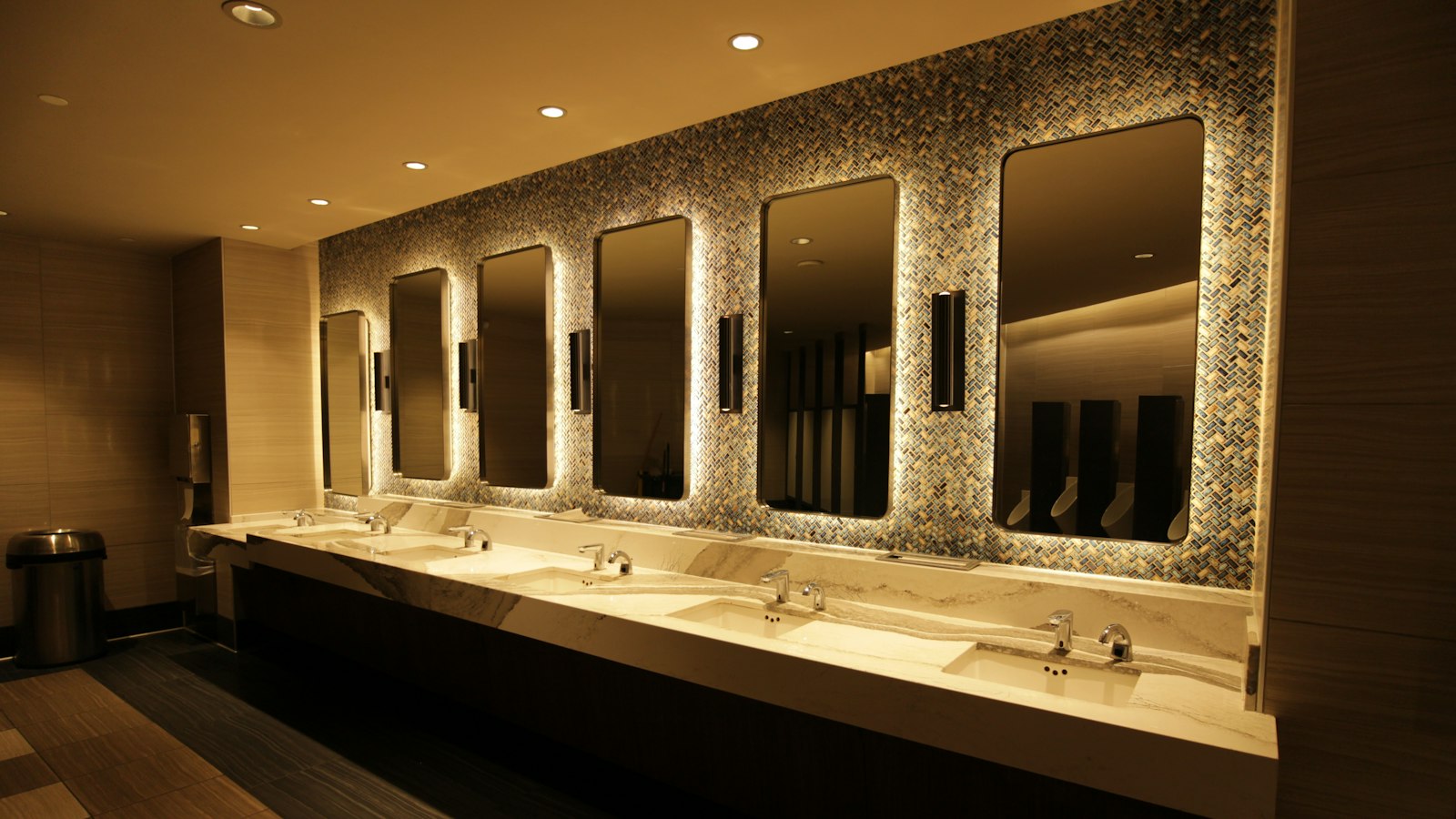 Rangée de lavabos et de miroirs dans des sanitaires
