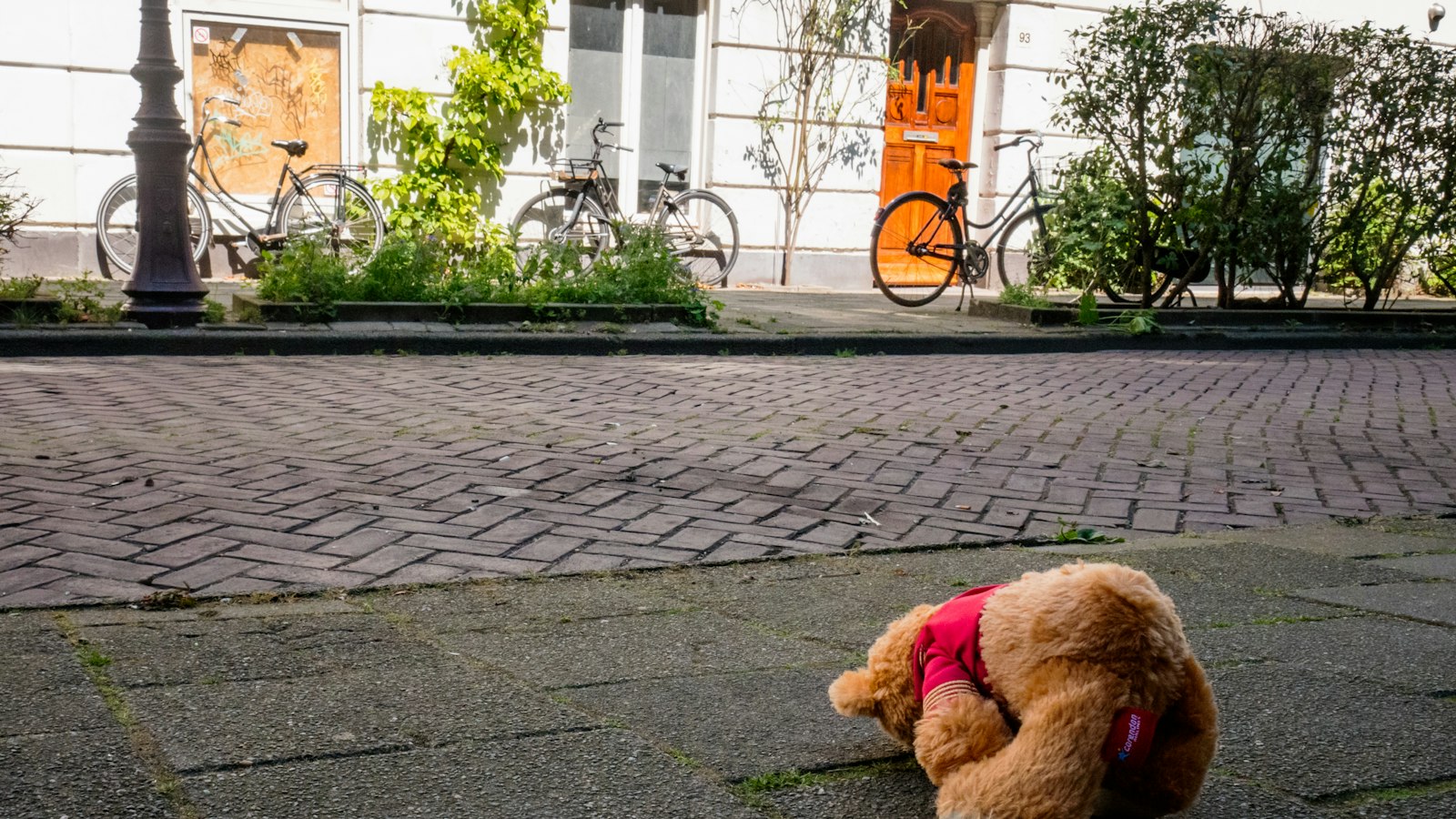 Ours en peluche posé sur un trottoir